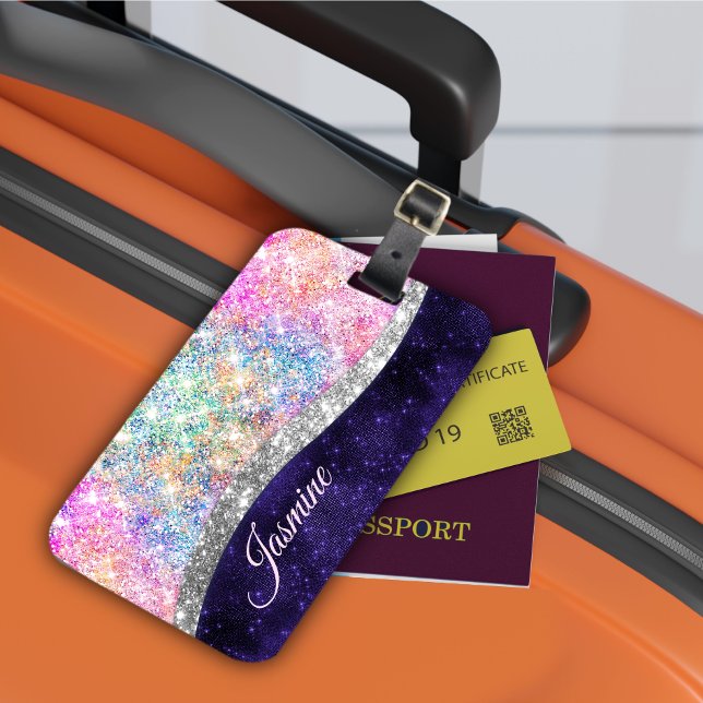 lila silver faux glitter monogram bagagebricka (Skapare uppladdad)