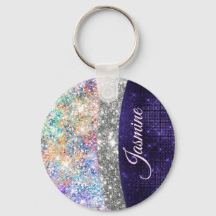 lila silver faux glitter monogram nyckel nyckelring