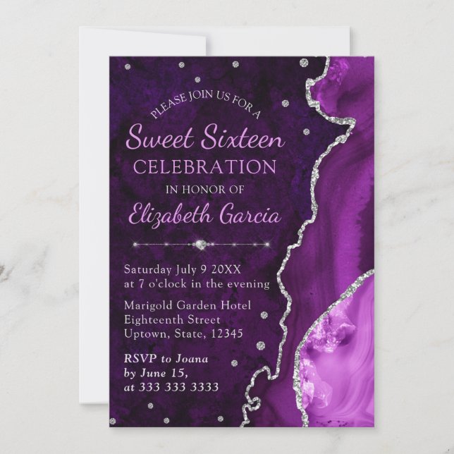 Lila & Silver Glitter Agate marble Sweet 16 Inbjudningar (Framsida)