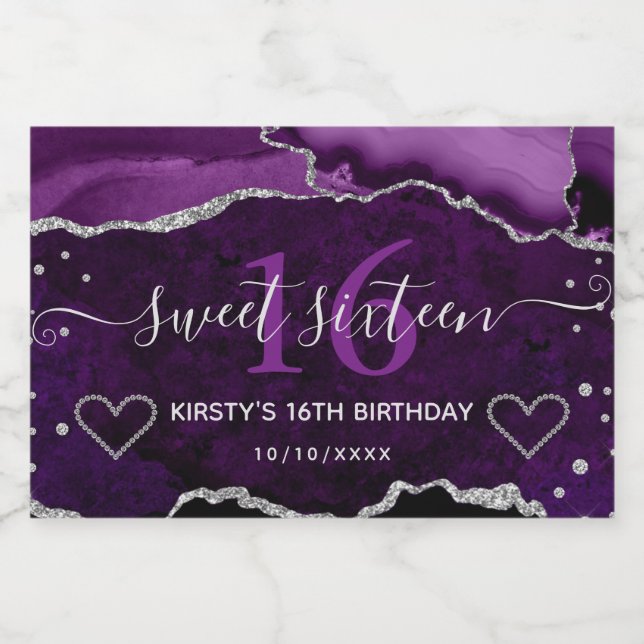 Lila Silver Glitter Agate Marmor Sweet Sixteen (Enkel etikett)