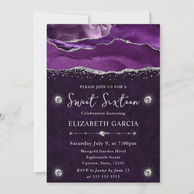Lila & Silver Glitter Agate Sweet 16 Inbjudningar (Framsida)