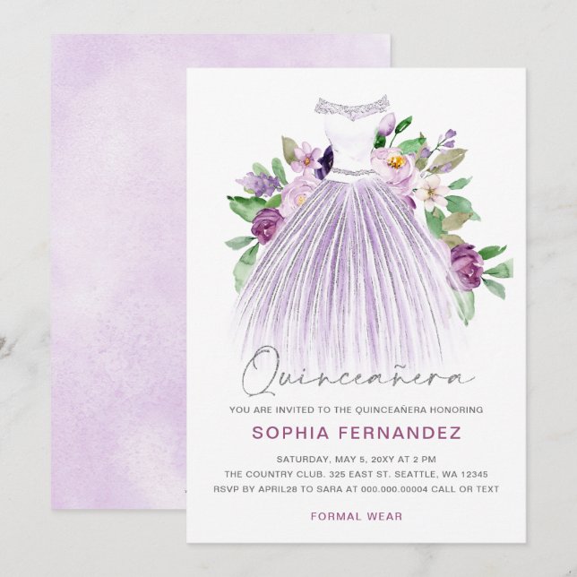 Lila Silver glitter Blommigt Dress Quinceañera Inbjudningar (Fram/baksida)