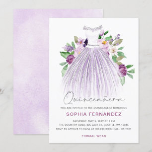 Lila Silver glitter Blommigt Dress Quinceañera Inbjudningar