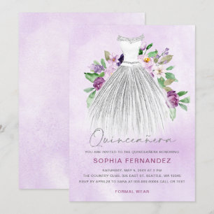 Lila Silver glitter Blommigt Dress Quinceañera Inbjudningar