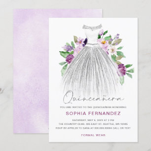 Lila Silver glitter Blommigt Dress Quinceañera Inbjudningar