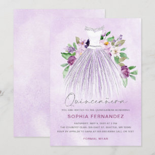 Lila Silver glitter Blommigt Dress Quinceañera Inbjudningar