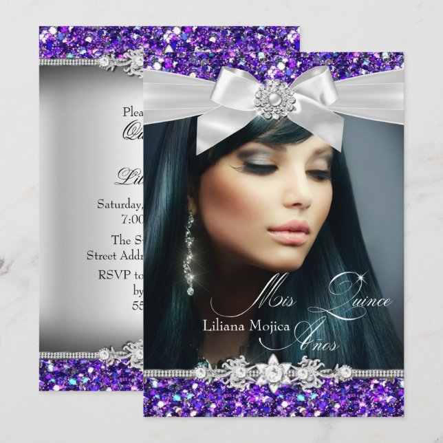 Lila Silver Glitter Bow Foto Quinceanera Inbjudan (Fram/baksida)