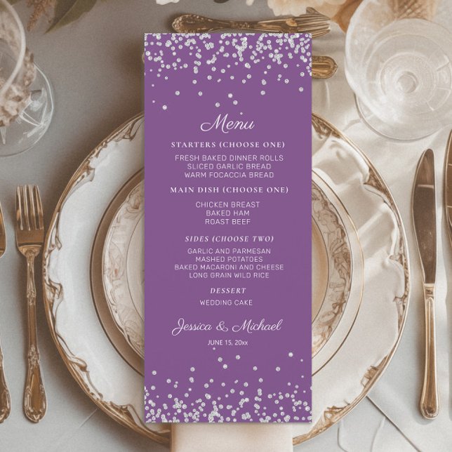 Lila Silver Glitter bröllopsmottagning Meny (Purple wedding menu with silver glitter)