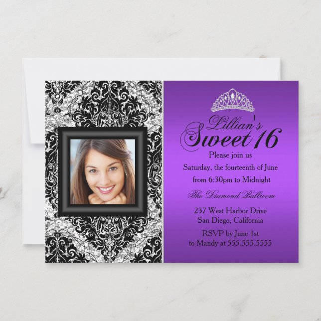 Lila Silver Glitter Damask Photo Sweet 16 Inbjudningar (Framsida)