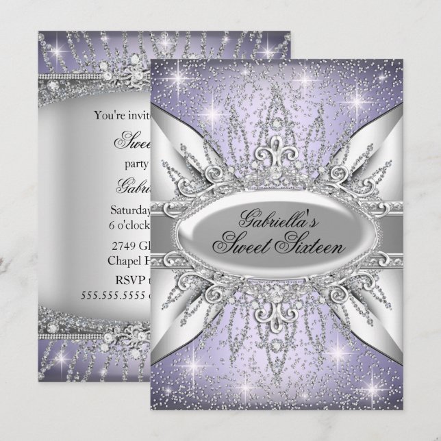 Lila & Silver Glitter Diamant Sweet 16 Inbjudan (Fram/baksida)