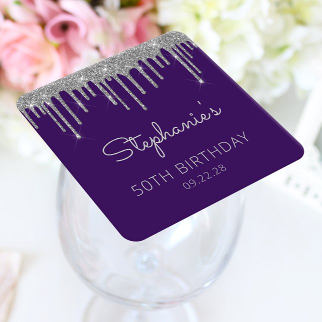 Lila Silver Glitter Drip 40:e födelsedag Party Underlägg Papper Kvadrat (Skapare uppladdad)