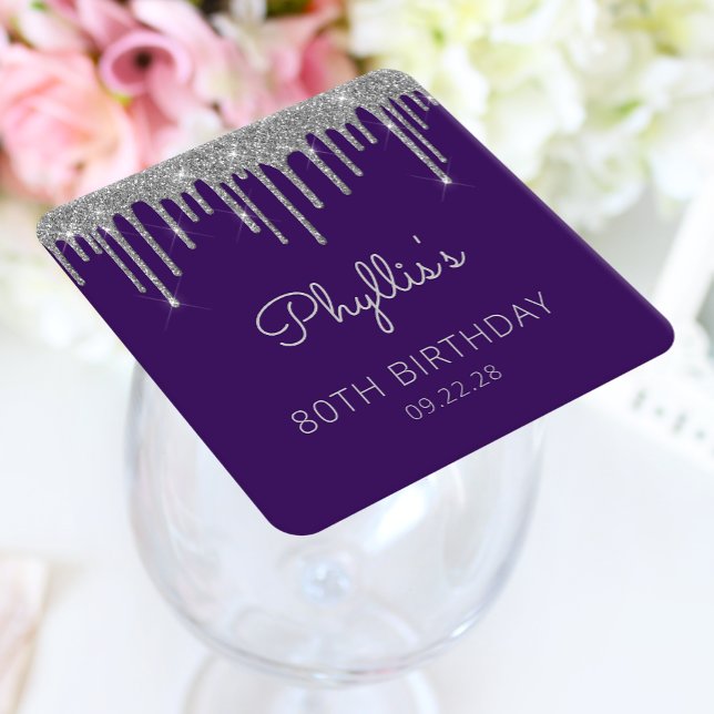Lila Silver Glitter Drip 80-års födelsedagsfest Underlägg Papper Kvadrat (Skapare uppladdad)