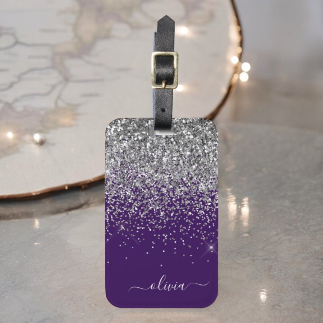 Lila Silver Glitter Flickig Monogram Namn Bagagebricka (Skapare uppladdad)