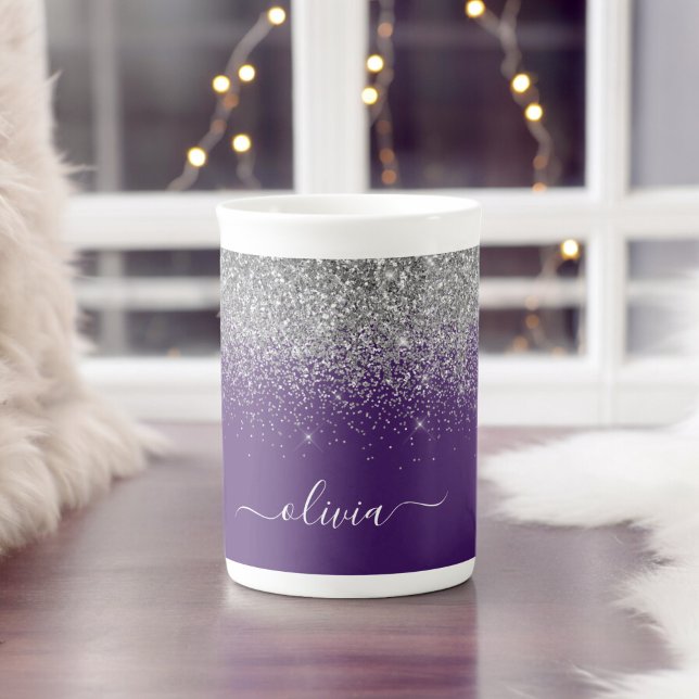Lila Silver Glitter Flickig Monogram Namn Benporslin Mugg (Skapare uppladdad)