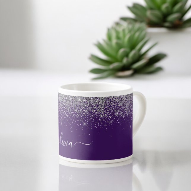 Lila Silver Glitter Flickig Monogram Namn Espressomugg (Skapare uppladdad)