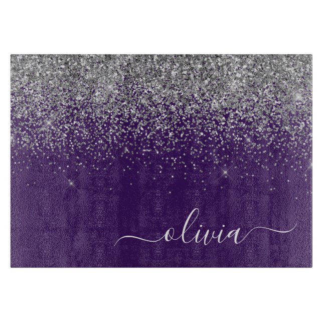 Lila Silver Glitter Flickigt Monogram Namn (Framsidan)
