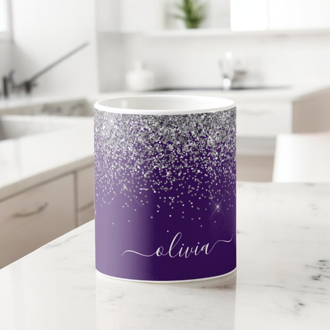 Lila Silver Glitter Girlig Monogram Namn Kaffemugg (Skapare uppladdad)