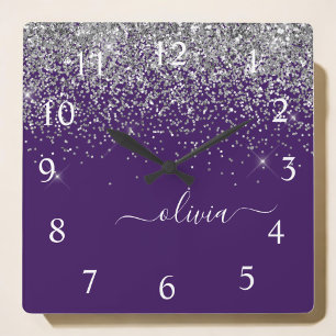 Lila Silver Glitter Girly Glam Monogram  Fyrkantig Klocka