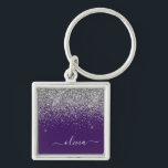Lila Silver Glitter Girly Glam Monogram Fyrkantig Silverfärgad Nyckelring<br><div class="desc">Silver och Lila Gnistra Glitter Script Monogram Namn nyckelringar (Nyckelring). Det gör perfekten söt 16-årsjubileum,  bröllop,  möhippa,  årsdag,  babydusch eller bachelorette-fest för någon som glam lyxen och chic stilar i kärlek.</div>
