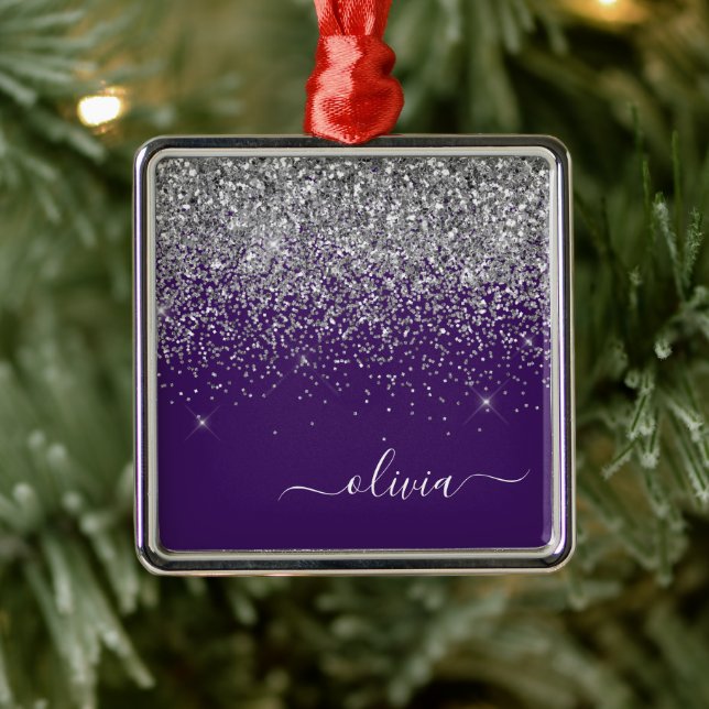 Lila Silver Glitter Girly Glam Monogram Julgransprydnad Metall (Träd)