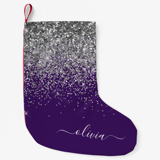 Lila Silver Glitter Girly Glam Monogram Liten Julstrumpa (Framsidan)