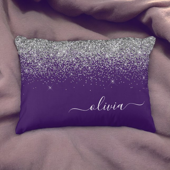 Lila Silver Glitter Girly Glam Monogram Prydnadskudde (Skapare uppladdad)