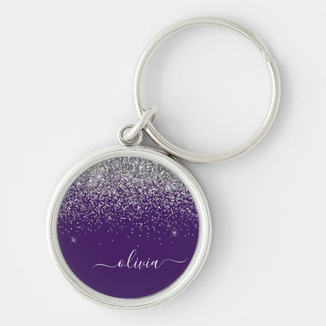 Lila Silver Glitter Girly Glam Monogram Rund Silverfärgad Nyckelring (Framsidan)