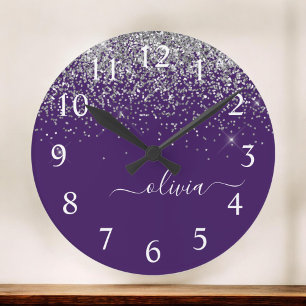 Lila Silver Glitter Girly Glam Monogram  Stor Klocka
