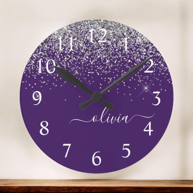Lila Silver Glitter Girly Glam Monogram  Stor Klocka (Skapare uppladdad)