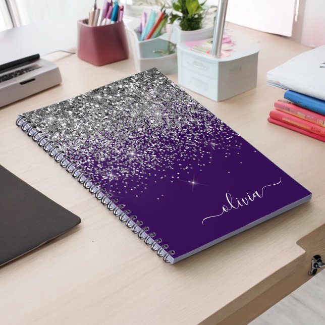 Lila Silver Glitter Girly Monogram Namn Anteckningsbok (Skapare uppladdad)
