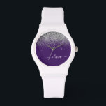 Lila Silver Glitter Girly Monogram Namn Armbandsur<br><div class="desc">Lila och Silver Gnistra Glitter Script Monogram Namn Watch. Det gör perfekt studenten,  födelsedag,  bröllop,  möhippa,  årsdag,  babydusch eller bachelorette-fest till någon som glam lyx och chic stilar.</div>