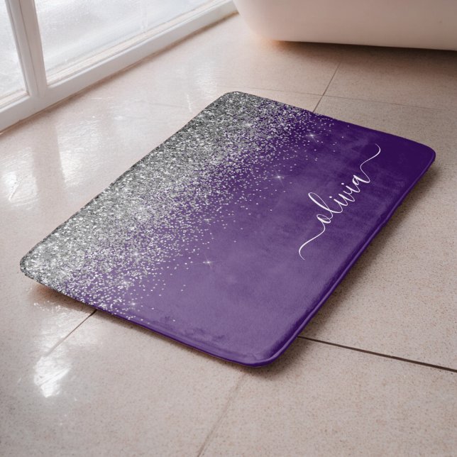 Lila Silver Glitter Girly Monogram Namn Badrumsmatta (Skapare uppladdad)