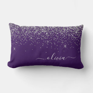 Lila Silver Glitter Girly Monogram Namn Lumbarkudde