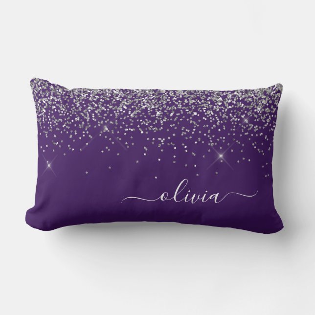 Lila Silver Glitter Girly Monogram Namn Lumbarkudde (Framsida)