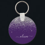 Lila Silver Glitter Girly Monogram Namn Nyckelring<br><div class="desc">Lila och Silver Gnistra Glitter Script Monogram Namn nyckelringar (Nyckelring). Det gör perfekten söt 16-årsjubileum,  bröllop,  möhippa,  årsdag,  babydusch eller bachelorette-fest för någon som glam lyxen och chic stilar i kärlek.</div>
