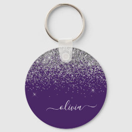Lila Silver Glitter Girly Monogram Namn Nyckelring