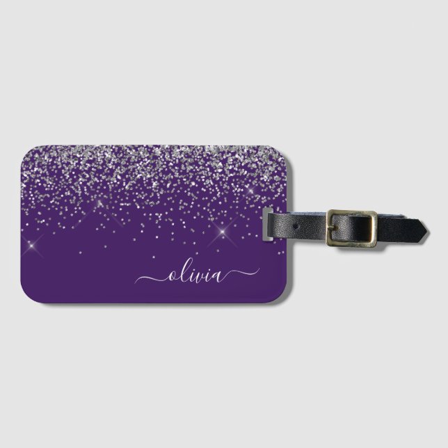 Lila Silver Glitter Girly Monogramnamn Bagagebricka (Framsida horisontal)