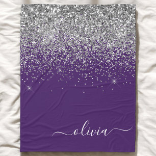 Lila Silver Glitter Glamoröst Monogram Fleecefilt
