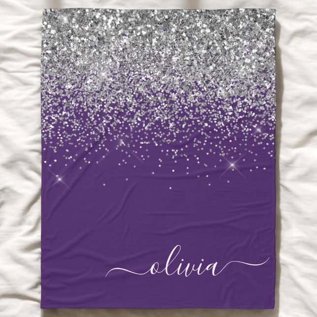 Lila Silver Glitter Glamoröst Monogram Fleecefilt (Skapare uppladdad)