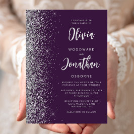 Lila Silver Glitter Kalligrafi Bröllop Inbjudningar