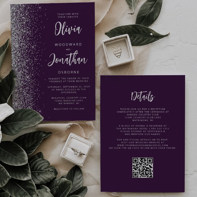 Lila Silver Glitter Kalligrafi QR-kod Bröllop Inbjudningar (Skapare uppladdad)