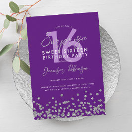 Lila Silver Glitter Konfetti Surprise Sweet 16 Inbjudningar