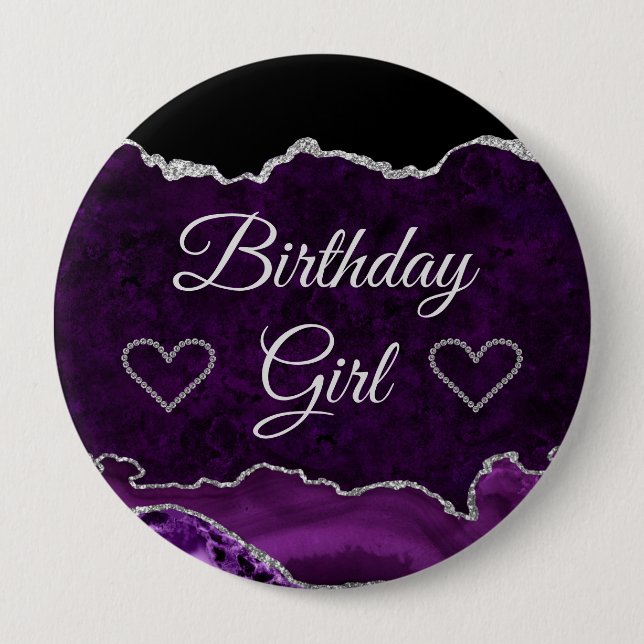 Lila & Silver Glitter Marble Agate Birthday Girl Knapp (Framsida)