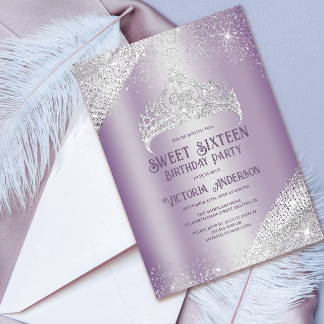 Lila Silver Glitter Princess Tiara Sweet 16 Invi Inbjudningar (Skapare uppladdad)