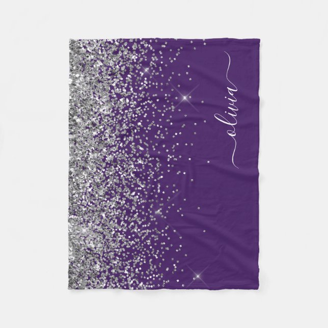 Lila Silver Glitter Rosa Monogram Namn Fleecefilt (Framsidan)