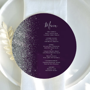 Lila Silver Glitter-rundan Plate Bröllop Menu Meny
