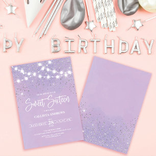 Lila Silver Glitter Sparkles Ljus Sweet 16 Inbjudningar