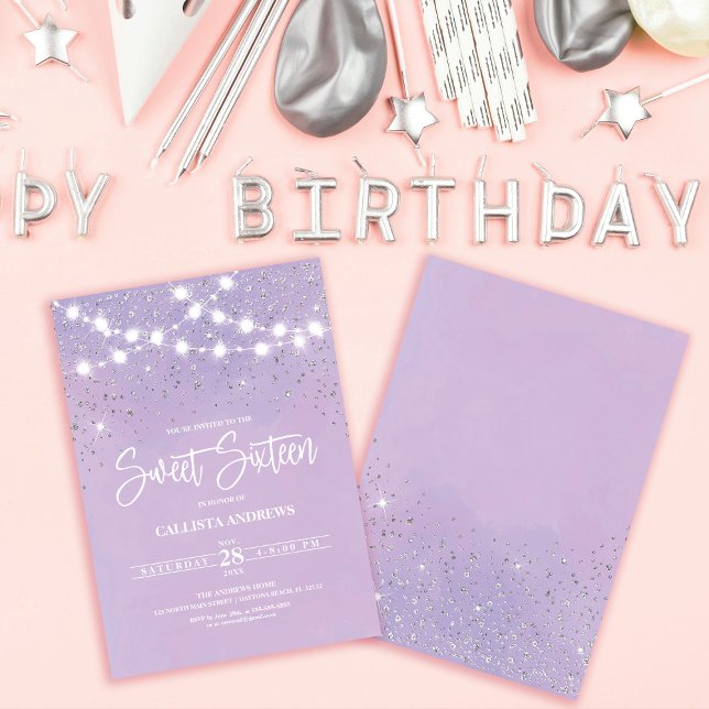 Lila Silver Glitter Sparkles Ljus Sweet 16 Inbjudningar (Skapare uppladdad)