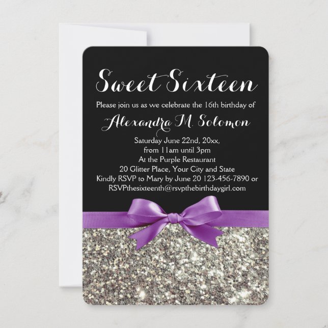 Lila Silver Glitter Sweet 16-partsinbjudan Inbjudningar (Framsida)