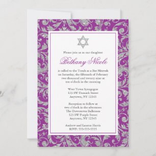 Lila Silver Glitter Swirl Damask Bat mitzvah Inbjudningar